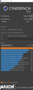 Screenshot intel 12700h cpu cinebench single Score r23 result image.