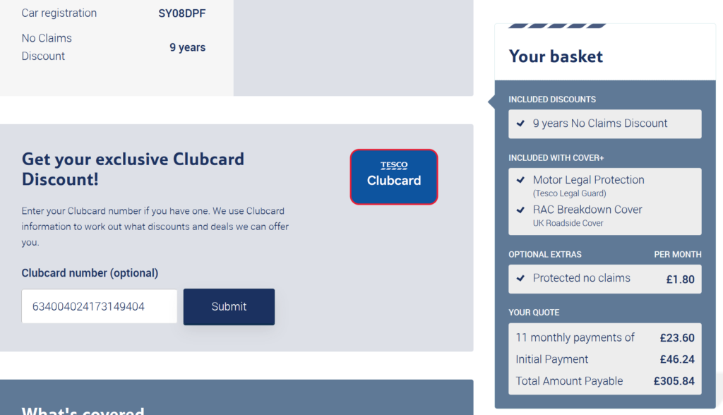 Tesco car insurance quote before entering clubcard details image.